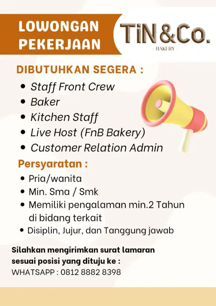 Lowongan Pekerjaan Front, Baker, Kitchen Staff, Live host, Admin