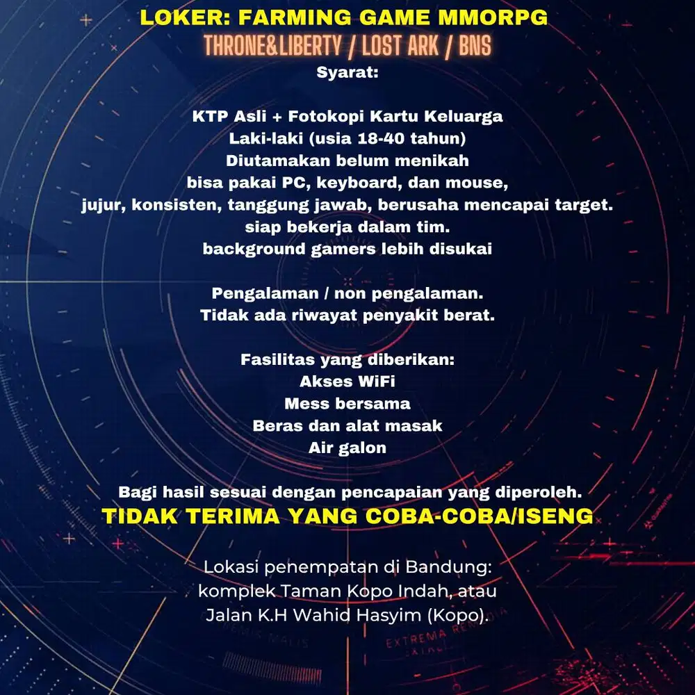 Lowongan kerja jadi Farmer / Joki dalam game MMORPG.