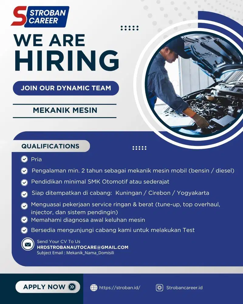 LOWONGAN KERJA – MEKANIK MOBIL (MESIN & KAKI-KAKI)