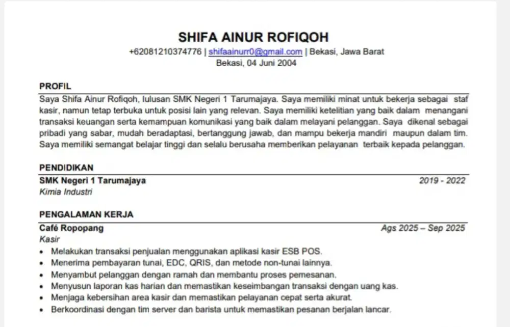 Berpengalam sebagai kasir