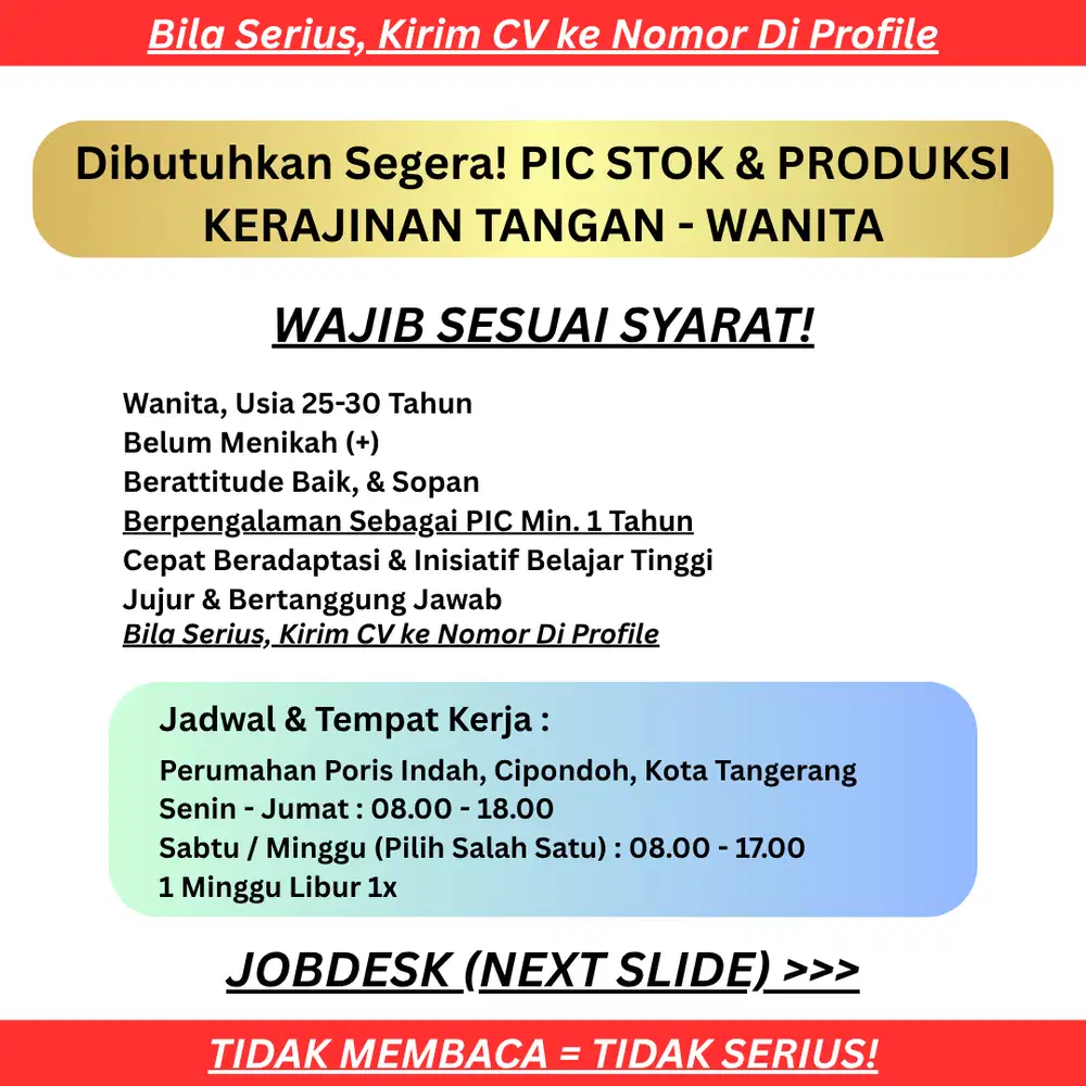 DIBUTUHKAN SEGERA UNTUK POSISI PIC STOK BAHAN& PRODUKSI (WAJIB WANITA)