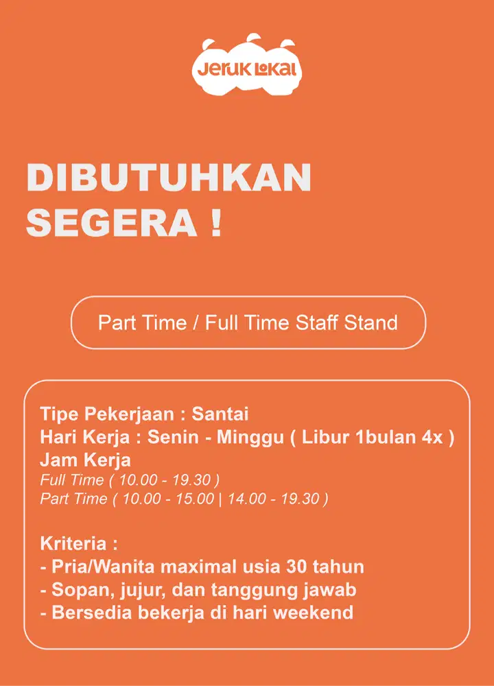 FULL TIME/ PART TIME STAFF STAND MINUMAN