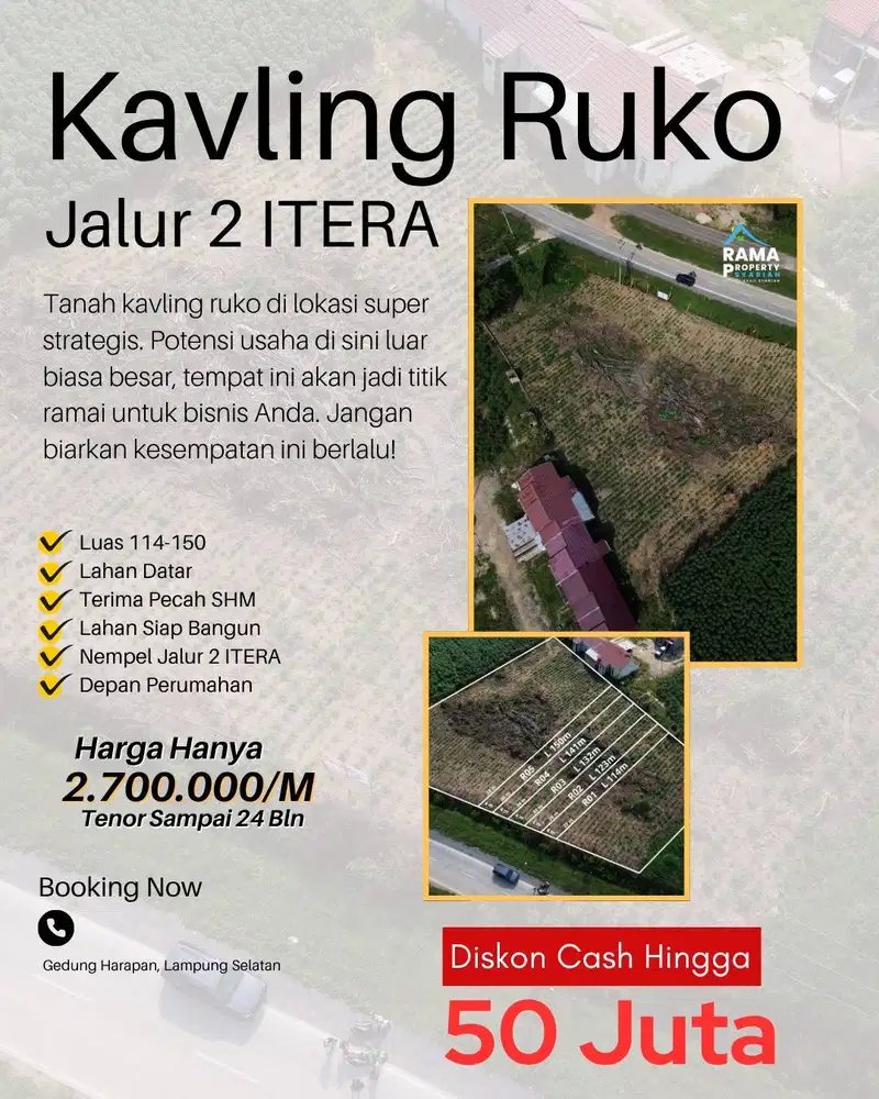KAVLING RUKO PINGGIR JALAN JAUR 2 ITERA LOKASI DEPAN PERUMAHAN