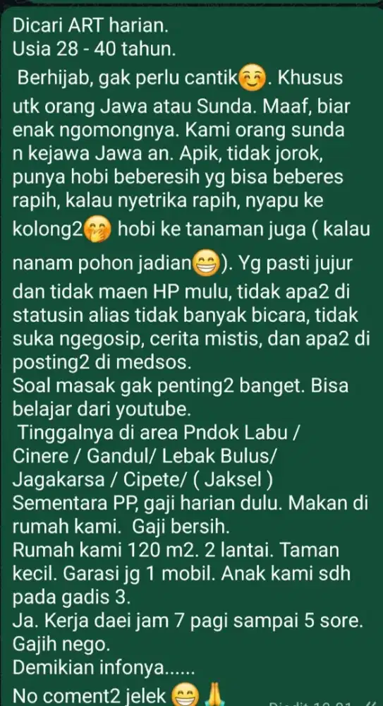 Dicari ART harian untuk bulanan
