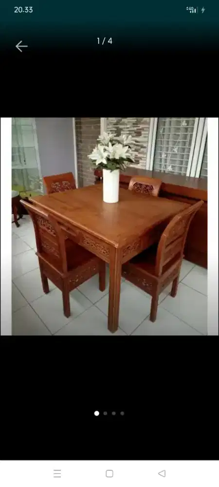 Meja makan ukir jati dengan 4 kursi bekas dah melamin