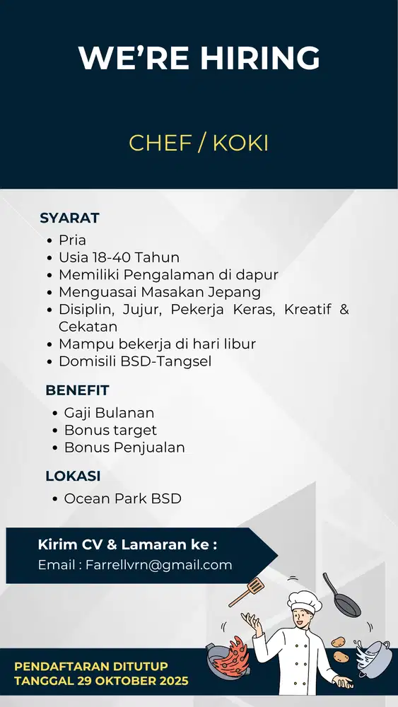 Lowongan Kerja Koki/Chef