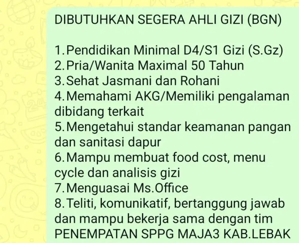 Dicari Ahli Gizi untuk dapur mbg