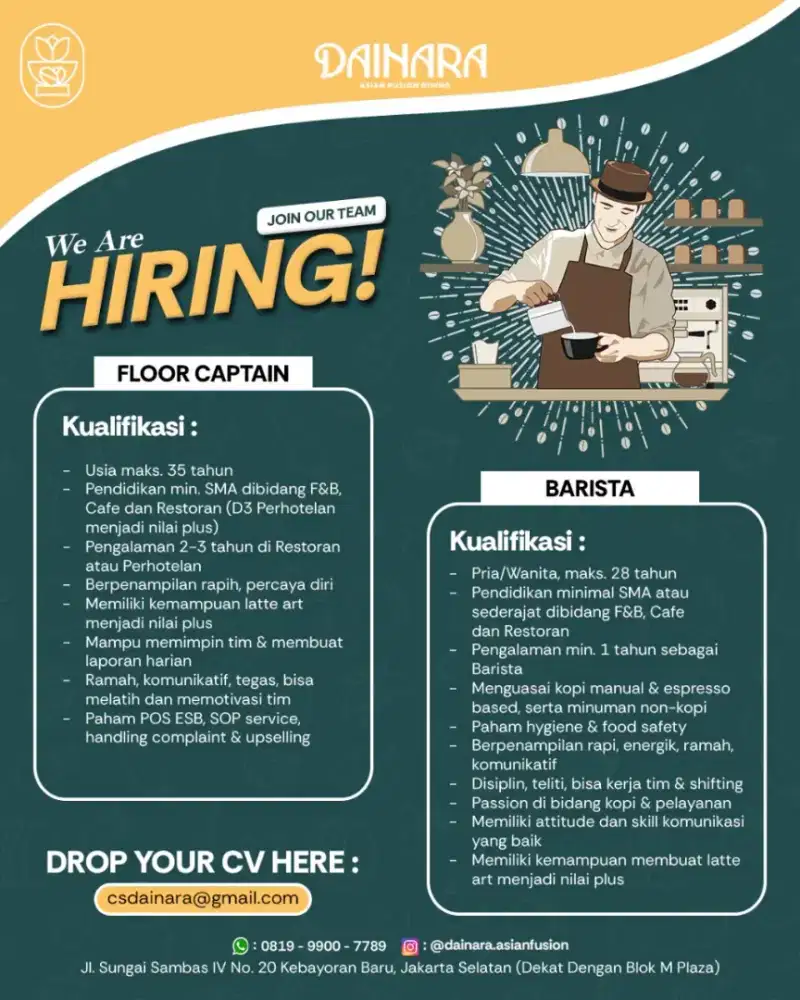 Dibutuhkan Barista khusus laki-laki dan berpengalaman