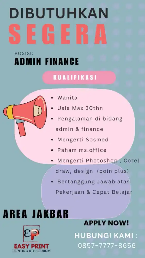 Di Butuhkan Segera Admin Wanita