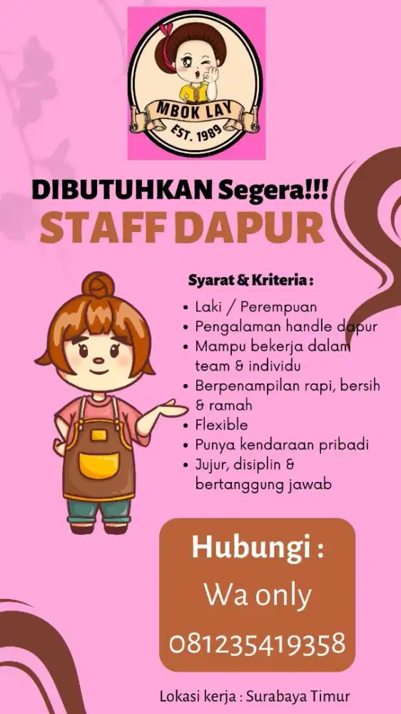 Dicari!! Staff dapur