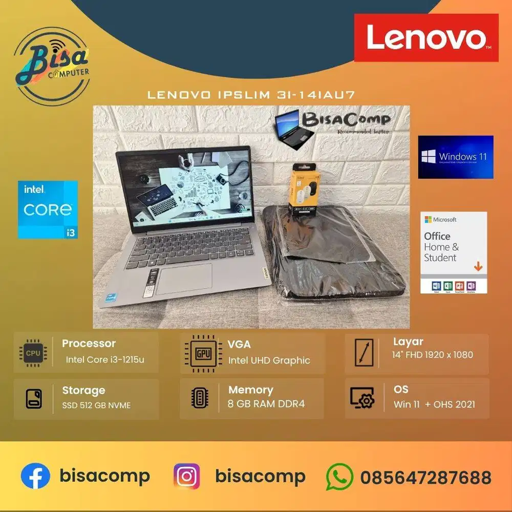 Lenovo Ideapad Slim 3-14IAU7 core i3-1215u ssd 512gb ram 8gb FHD