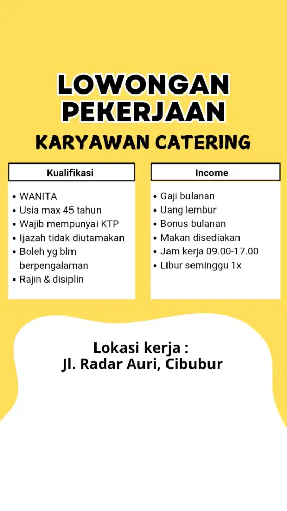 Lowongan Kerja Staff Catering Wanita Di Cibubur