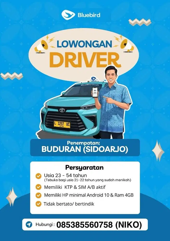 Di cari Pengemudi atau Driver untuk Taxi Bluebird Buduran Sidoarjo