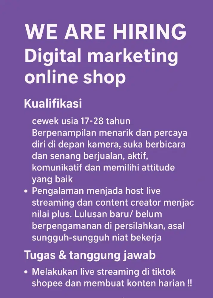 Dibutuhkan host live streaming & content creator