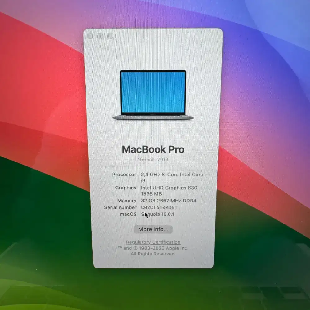Macbook Pro 2019 layar 16 Inch Ram 32 Ssd 1 Tb Core I9 lengkap full se