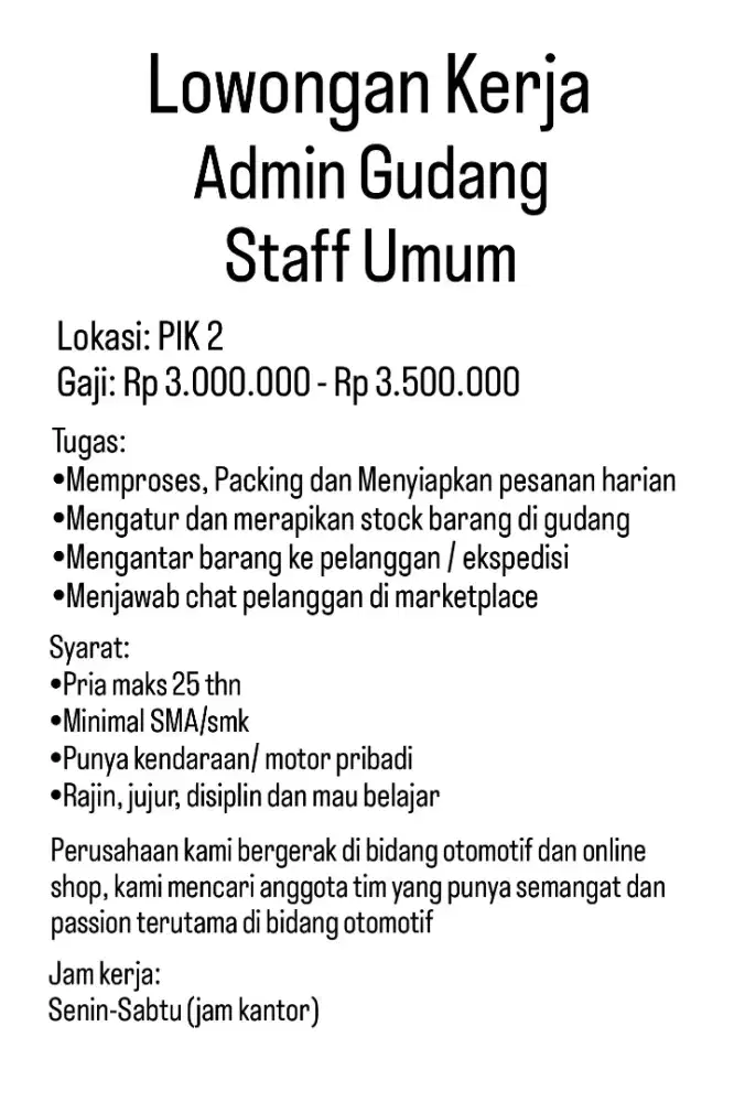 Lowongan Kerja, Loker PIK 2, PIK2, Admin Staff Gudang