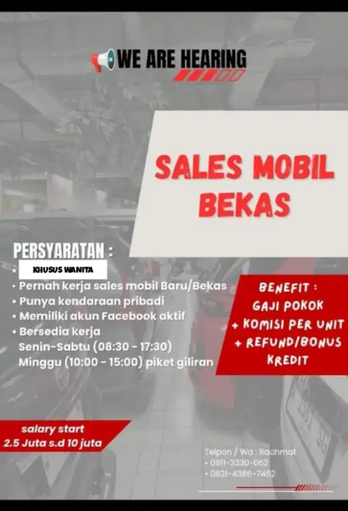 Lowongan kerja berpengalaman jadi SALES MOBIL BEKAS SBY