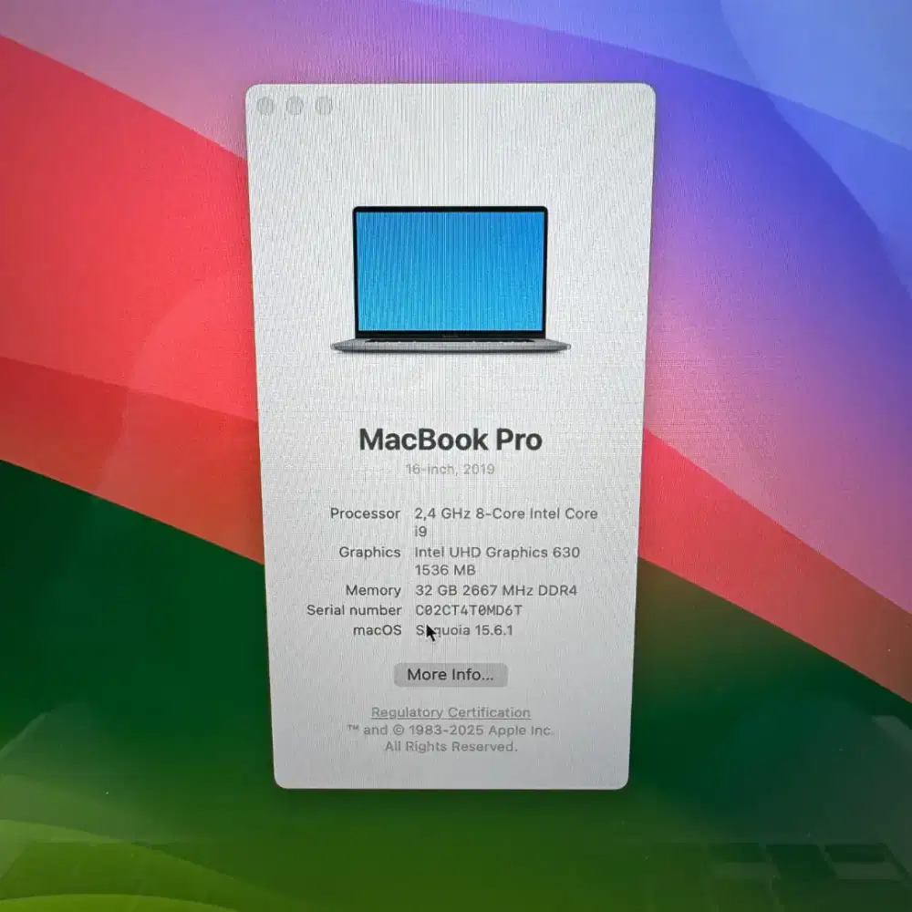 Macbook Pro 2019 layar 16 Inch Ram 32 Ssd 1 Tb Core I9 lngkap full set