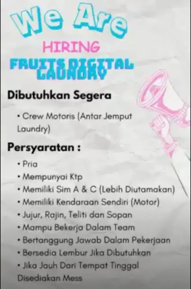 DIBUTUHKAN SEGERA CREW MOTORIS/ KURIR MOTOR