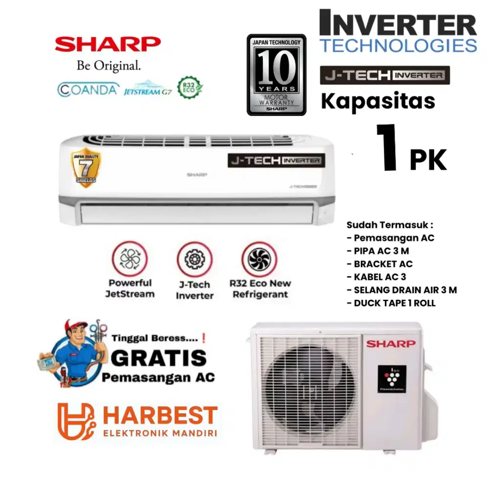 SHARP AC Split 1 PK - INVERTER LOWWATT Ion PlasmaCluster AH-X10BEY R32
