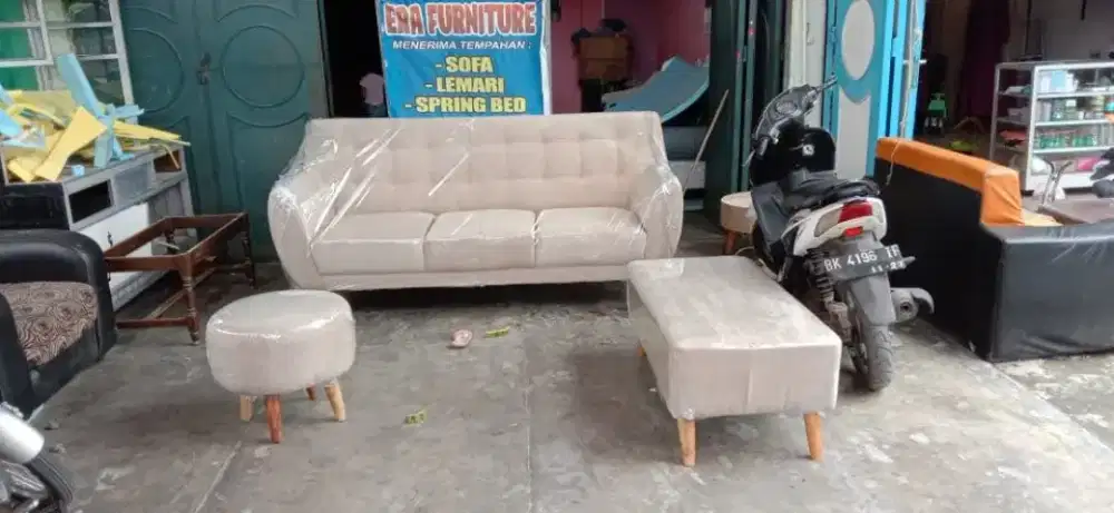 Erafurniture*sofa VINTAGE 3person+LONG+PUFF cream kain kulit