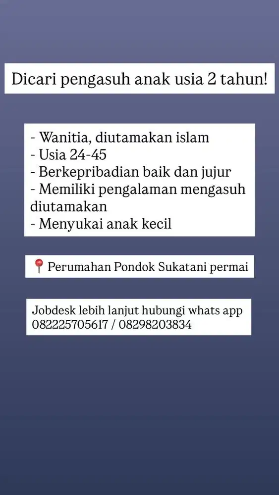 Dicari pengasuh anak 2 tahun