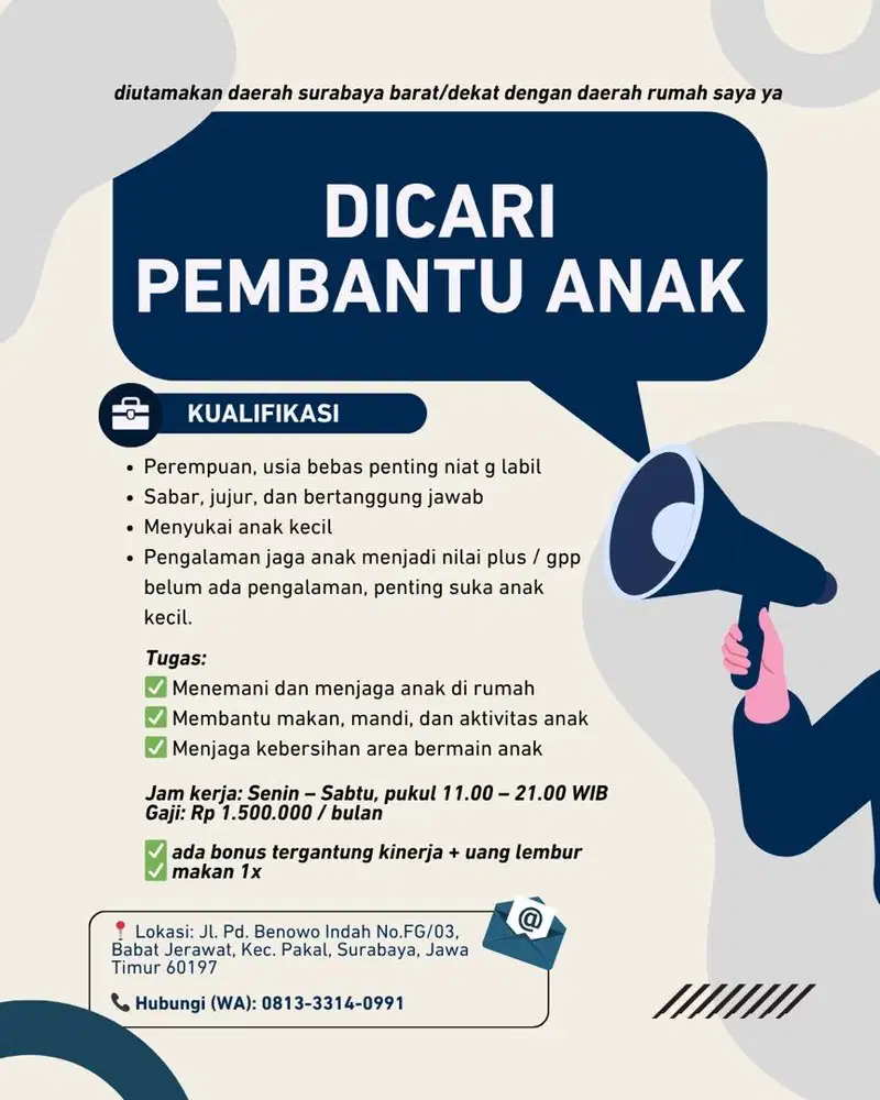 Dicari Penjaga / Pembantu anak