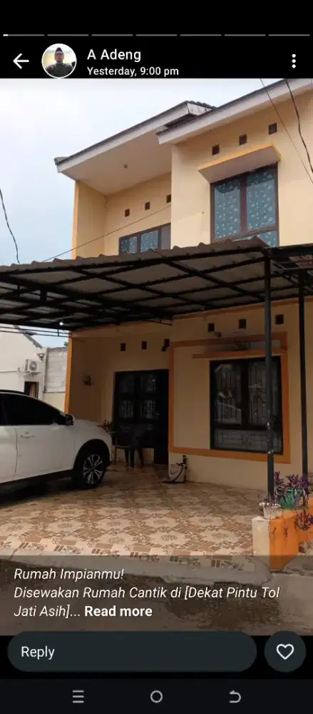 Disewakan rumah cluster di griya mitra Jatiasih Bekasi