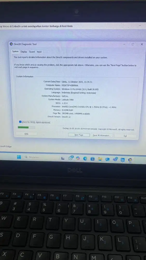 Di jual leptop Dell Core i5 Gen 8, Ram 8Gb