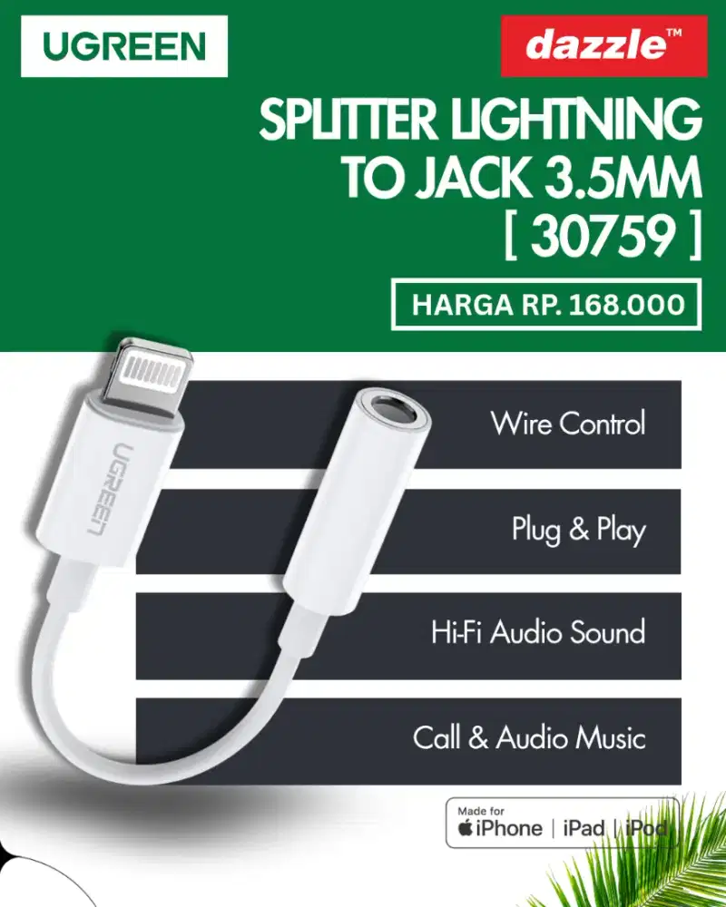 UGREEN SPLITTER LIGHTNING TO JACK 3.5MM (30759)