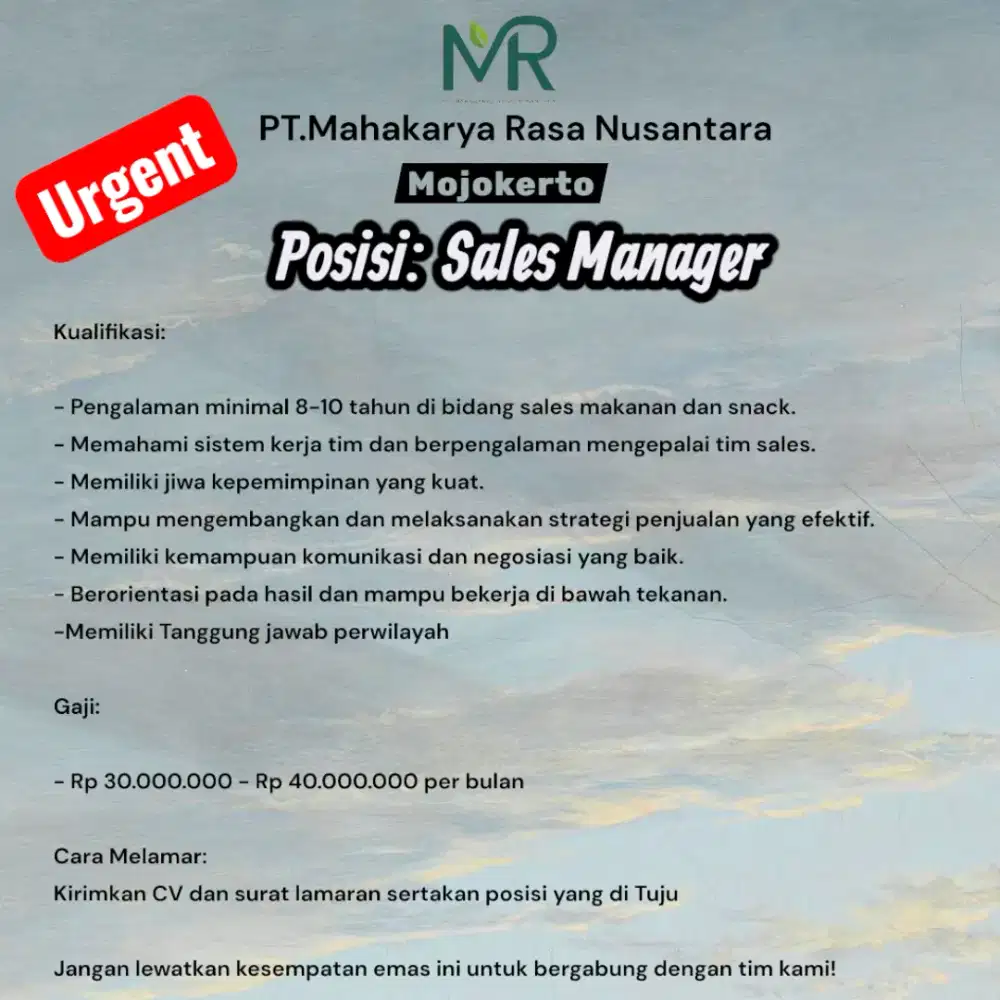 Urgent Loker Sales Manager Makanan dan Snack