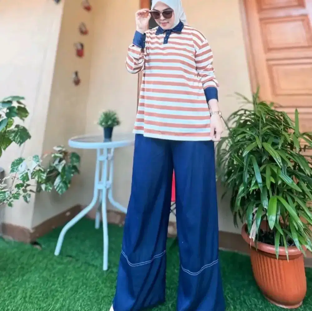 Baju salur cotton combad & Celana kulot dark denim