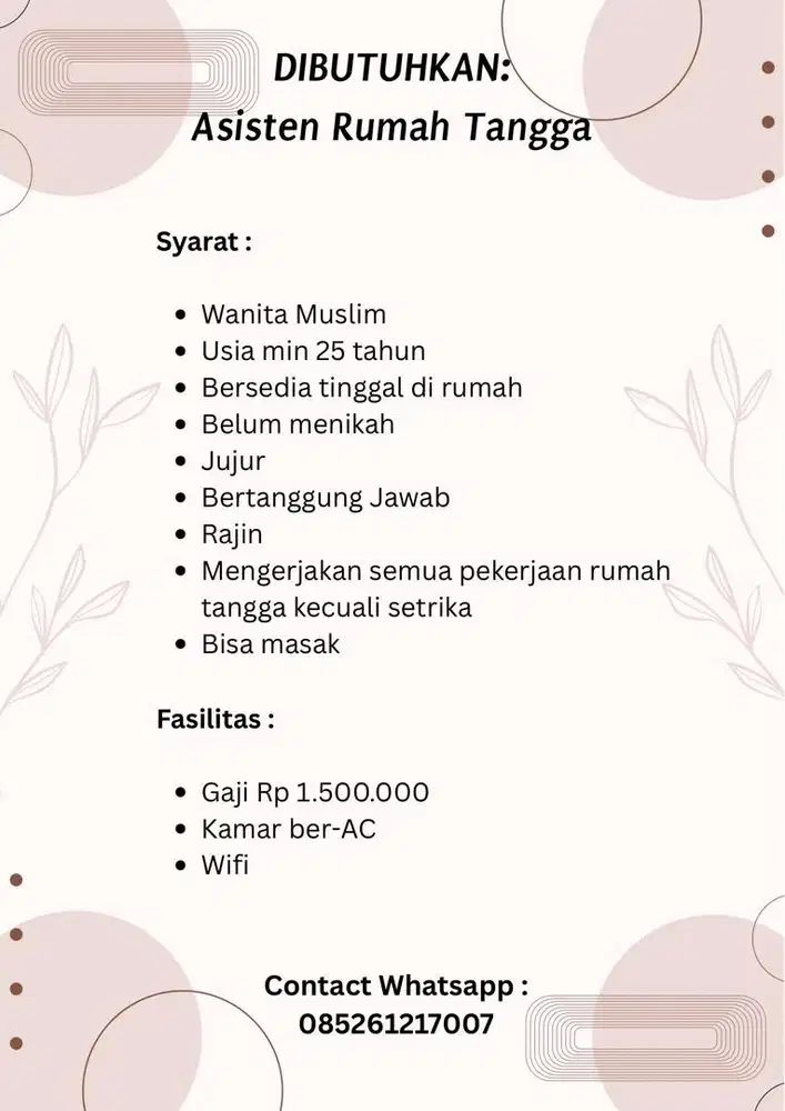 Dibutuhkan asisten rumah tangga