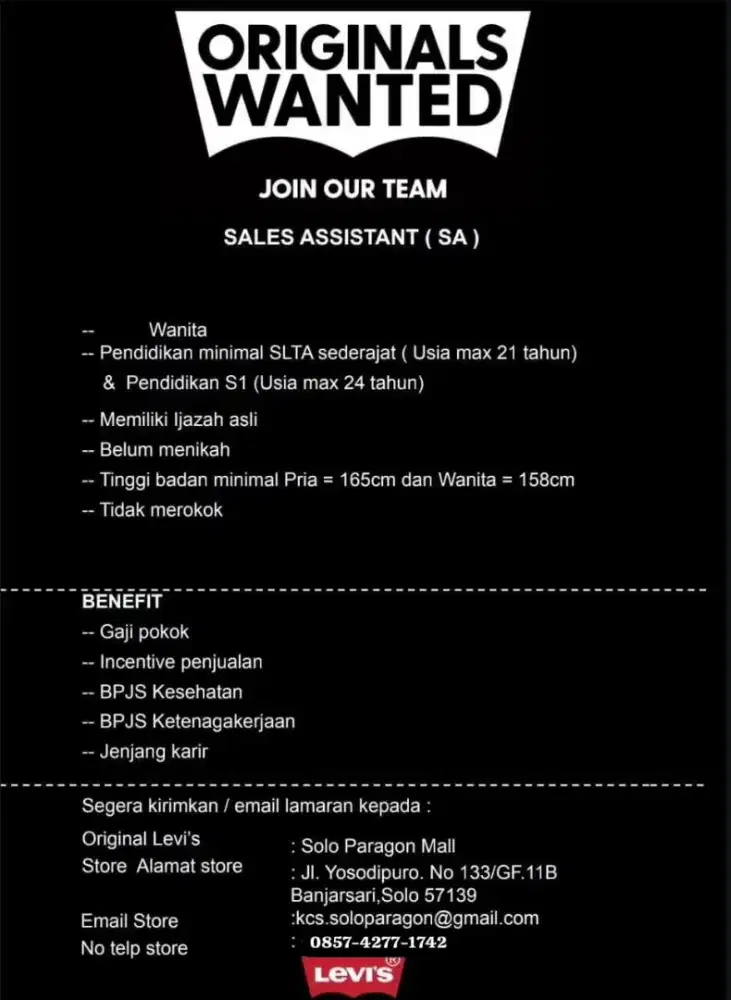 Loker Sales Assistant Levis Store Solo Paragon Mall