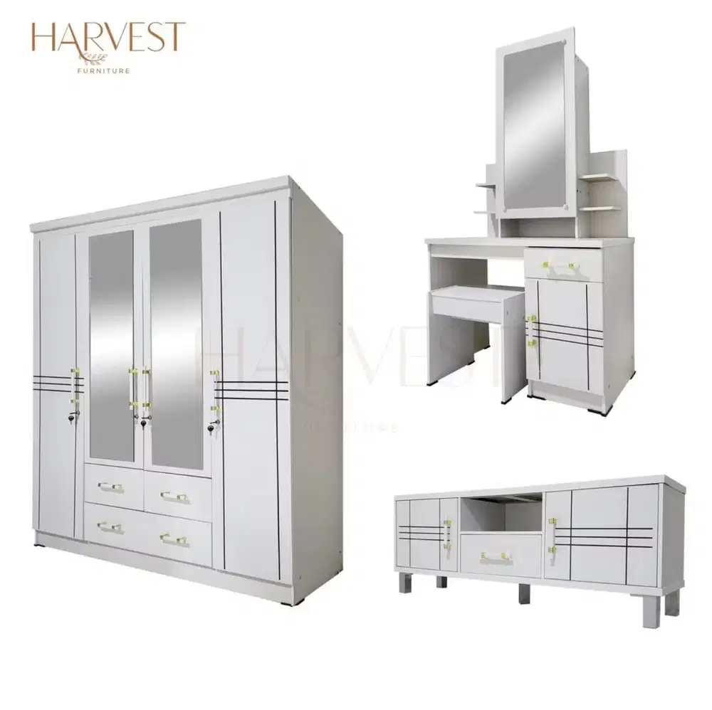 Set lemari pakaian 4 pintu, meja rias dan buffet