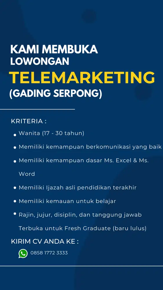 LOWONGAN TELEMARKETING / SALES ADMIN !!