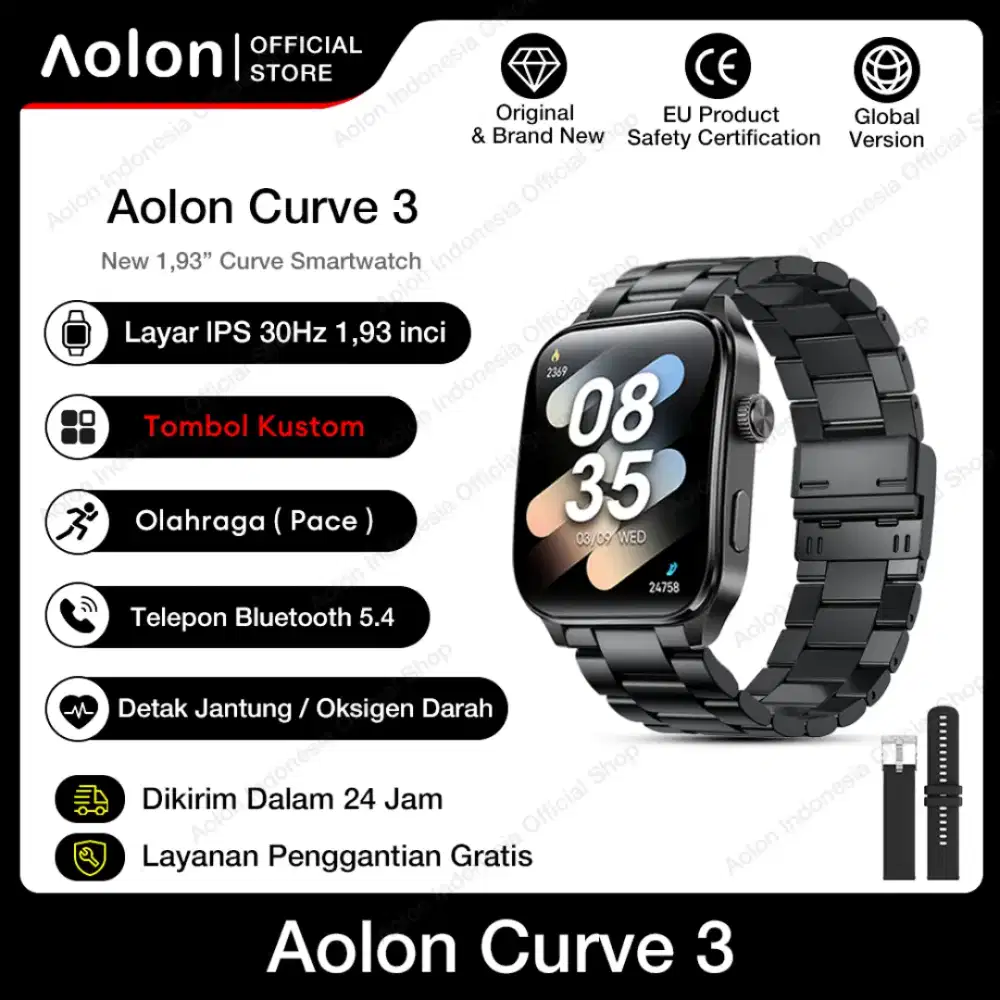 Smartwatch Aolon Curve 3 layar IPS 1,93 inci, Tahan air Murah Original