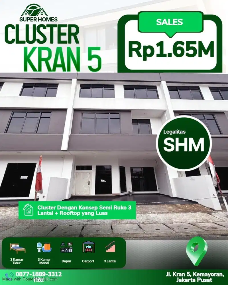 rumah ready 3 lantai plus ruftop jl kran 5 kemayoran jakarta pusat