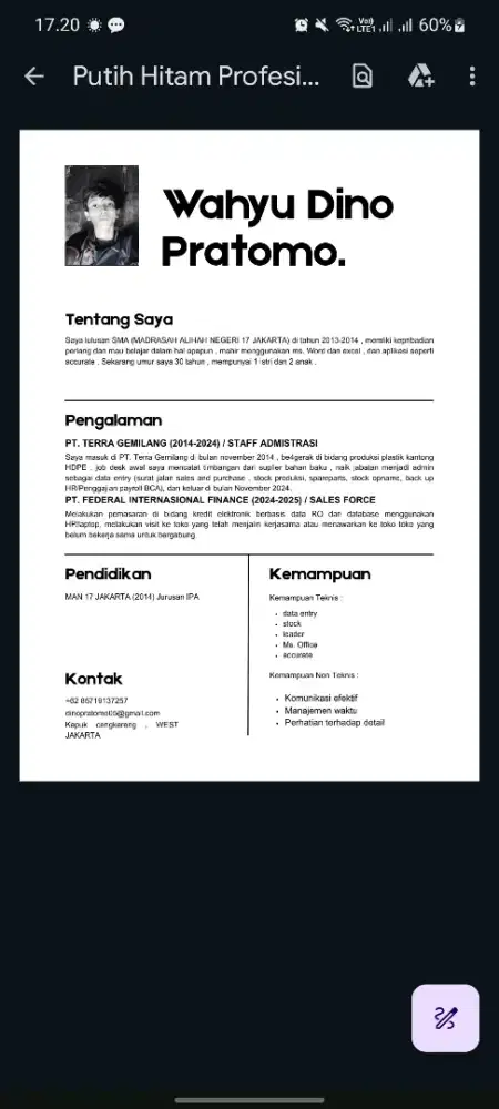 Cari kerja punya pengalaman admin staff 10 tahun