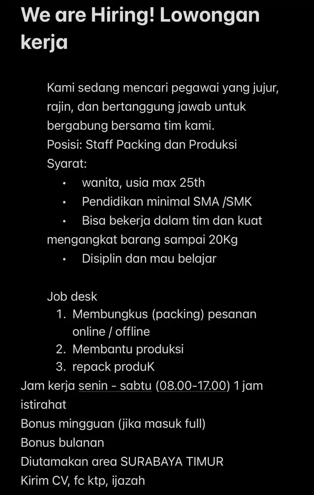 LOWONGAN KERJA PACKING DAN PRODUKSI