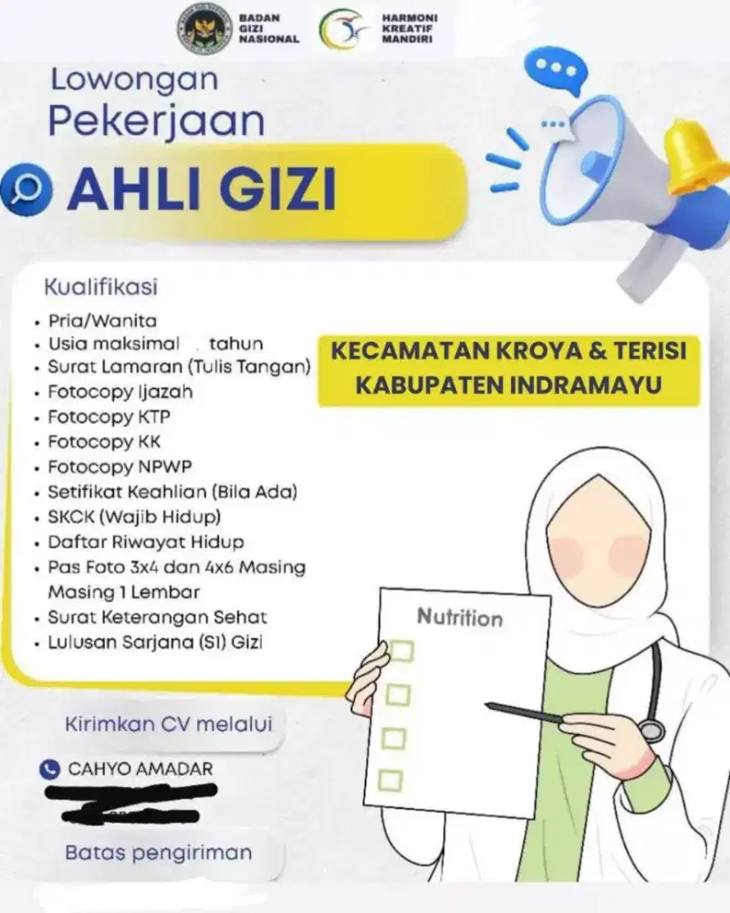 Dibutuhkan segera Ahli Gizi