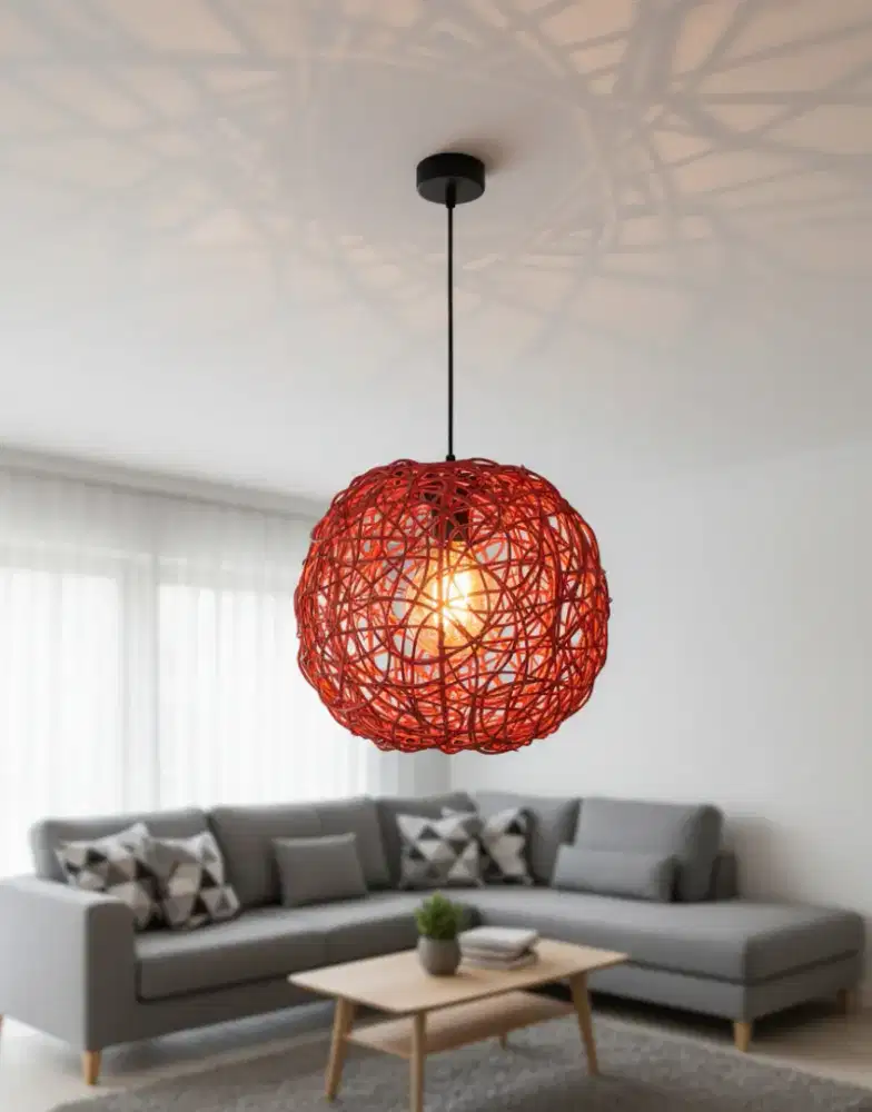 Lampu Hias Gantung Minimalis Bola Anyam Merah (Red Rattan Style)