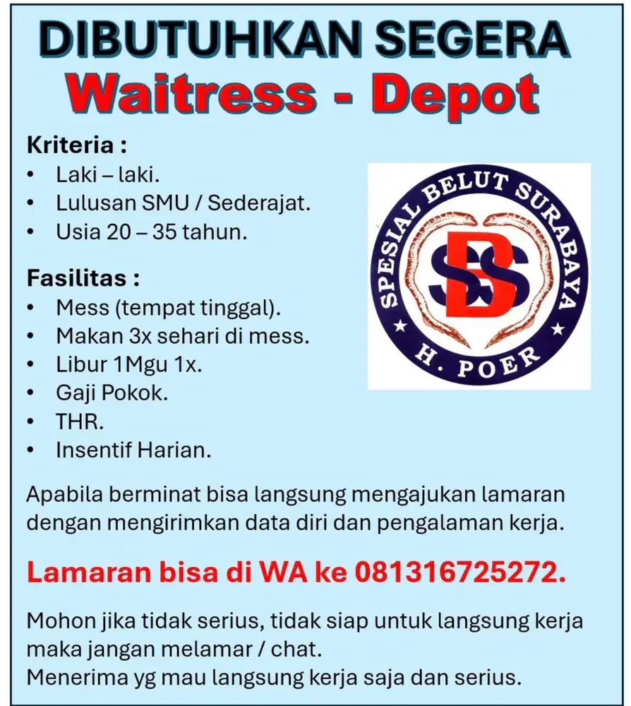 Dibutuhkan Pelayan Rumah Makan