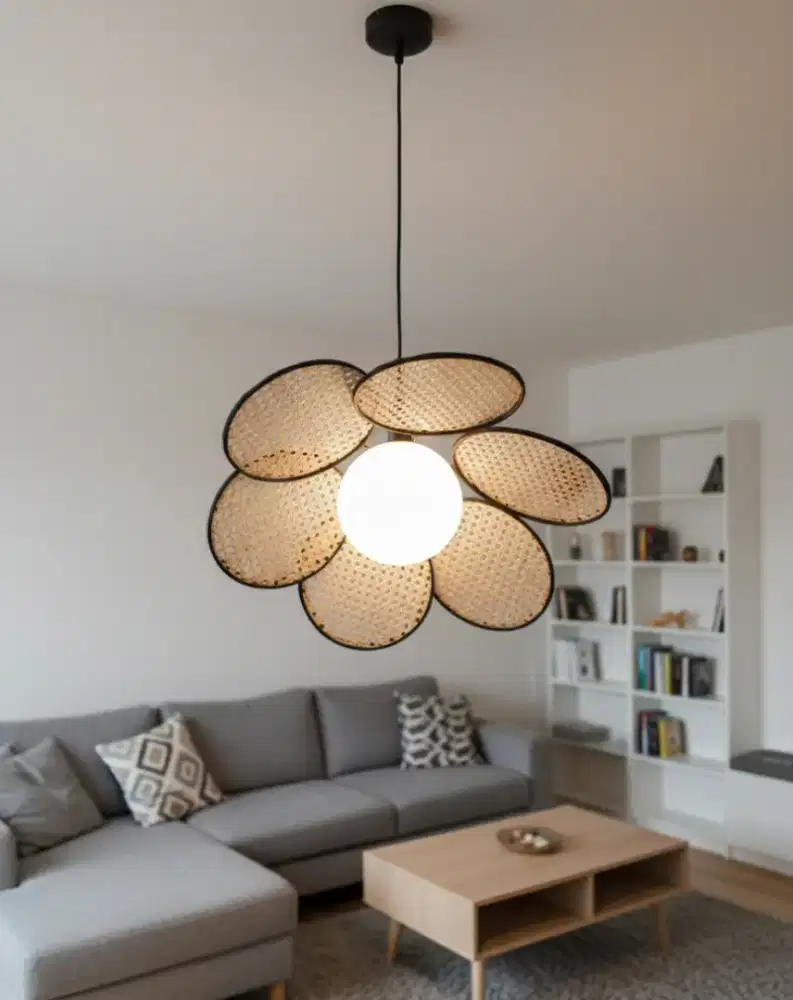 Lampu Gantung Hias Kap Rotan Bunga 6 Kelopak Modern Minimalis Natural