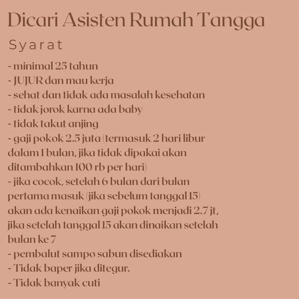 Dicari asisten rumah tangga (ART) menginap greenlake city