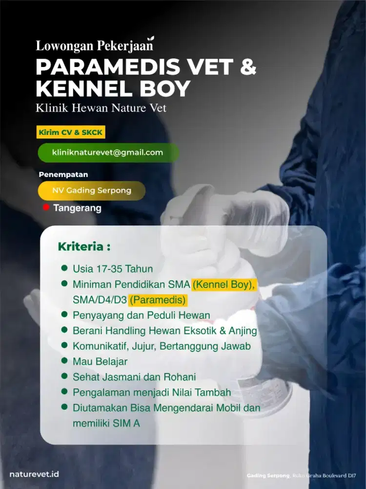 Lowongan pekerjaan Paramedis dan kenel boy klinik hewan.