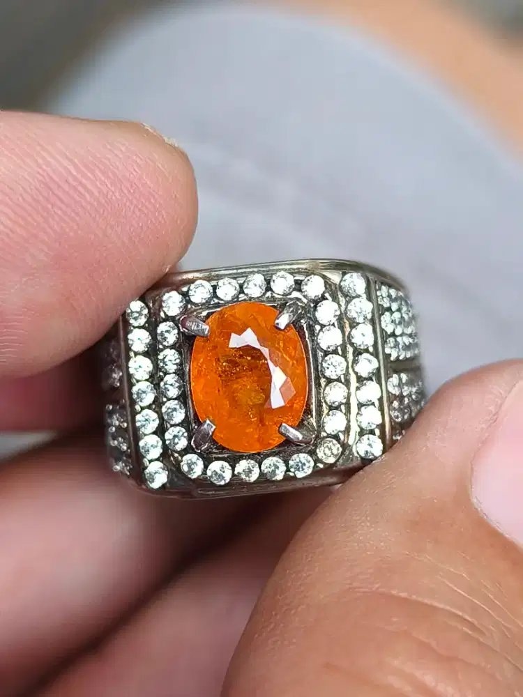 Batu garnet spessartite 3.08 crat ring perak memo CGL top kristal