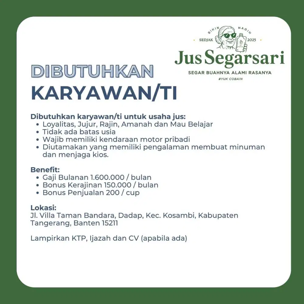 LOWONGAN KERJA JAGA STAND JUS (HANYA UNTUK YANG KOMITMEN DAN SERIUS)