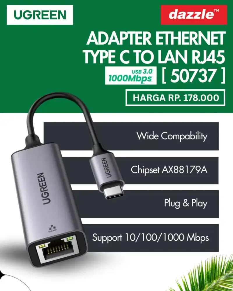 UGREEN ADAPTER ETHERNET TYPE C TO LAN RJ45 (50737)
