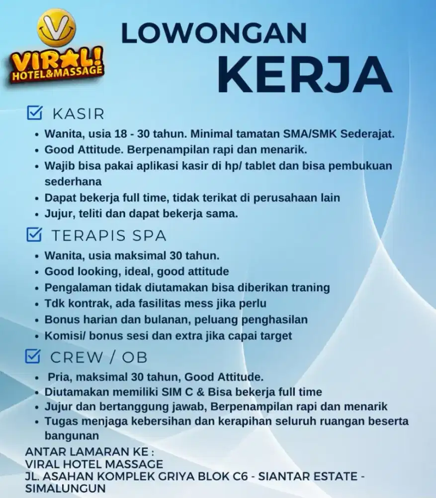 Dibutuhkan kasir, kru / housekeeping, terapis